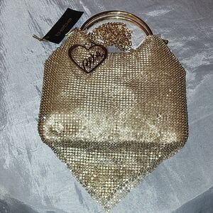 Bebe Gold Gem Sparkle Clutch with Heart Charm Xbody Chain BNWT Re Te M